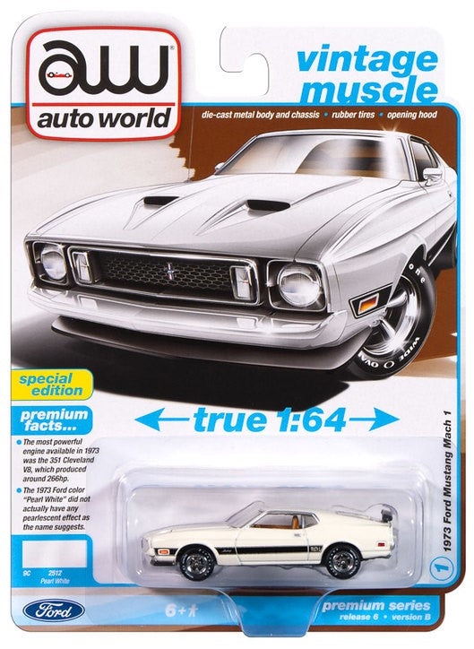 1973 Ford Mustang Mach 1 White Auto World Premium Series 6 1:64 Scale