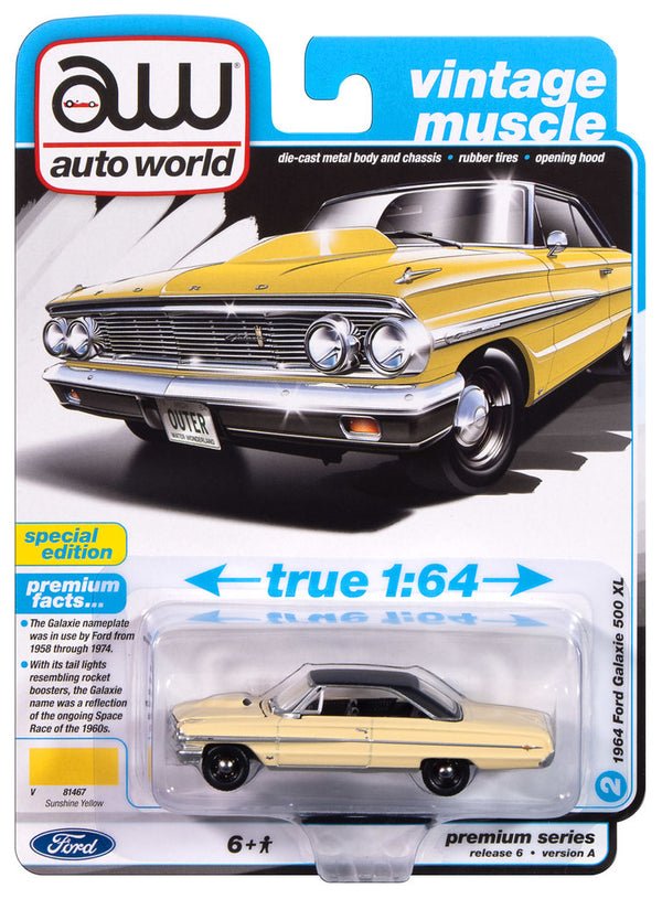 1964 Ford Galaxie 500 Yellow Auto World Premium Series 6 1:64 Scale