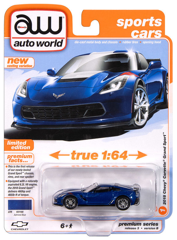 2018 Chevy Corvette Grand Sport Blue Auto World Premium 1:64 Scale