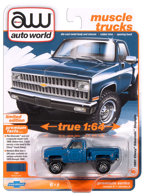 1981 Chevrolet Silverado 10 Blue Auto World Premium 1:64 Scale