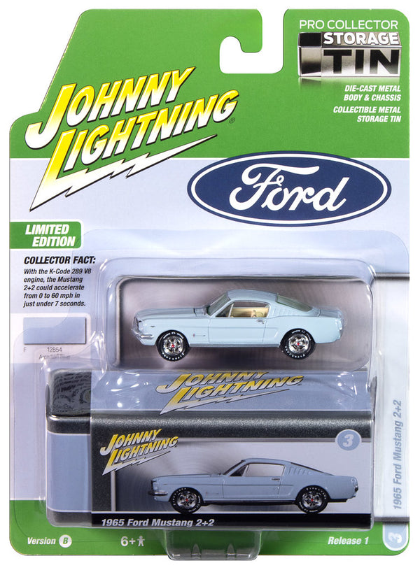 1965 Ford Mustang Fastback Blue Johnny Lightning Collectors Tin 1:64 Scale