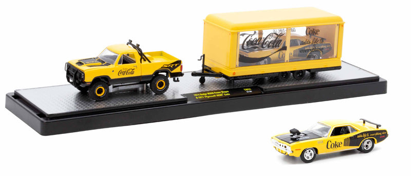 1974 Dodge W200 Power Wagon & 1971 Plymouth Cuda M2 Machines 1:64 Scale Auto Haulers Coca-Cola Release TW31