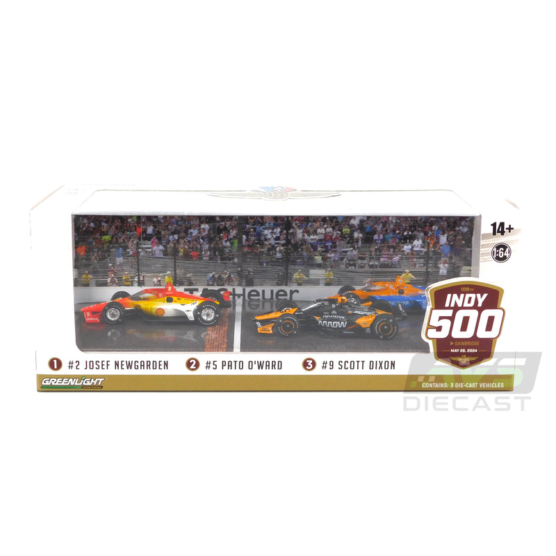 2024 Indy 500 Podium Set Josef Newgarden, Pato O'Ward, Scott Dixon 1:64 Diecast