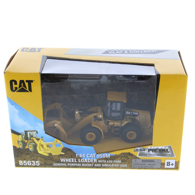 Caterpillar 950M Wheel Loader W/ Log Fork & Bucket 1:64 Scale Diecast 85635