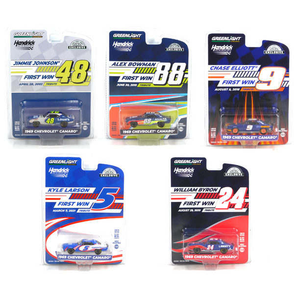 Hobby Exclusive 1969 Chevrolet Camaro 5 Car Lot Kyle Larson, Alex Bowman, Chase Elliott, Jimmie Johnson, and William Byron 1:64 Diecast