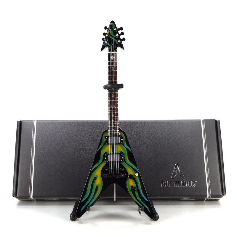 Axe Heaven Flying V Black and Green Flames  Miniature Guitar Replica