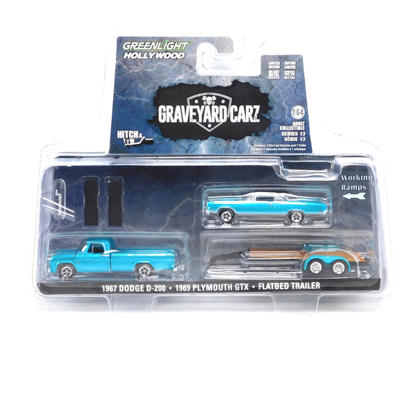 1969 Plymouth GTX & 1967 Dodge D-200 Graveyard Carz 1:64 Diecast Hollywood Hitch & Tow