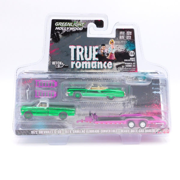 Green Machine 1974 Cadillac Eldorado & 1972 Chevrolet C30 True Romance 1:64 Diecast Hollywood Hitch & Tow