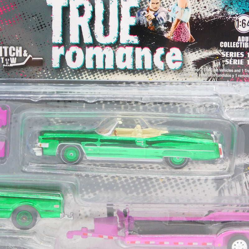 Green Machine 1974 Cadillac Eldorado & 1972 Chevrolet C30 True Romance 1:64 Diecast Hollywood Hitch & Tow
