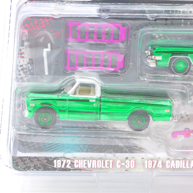 Green Machine 1974 Cadillac Eldorado & 1972 Chevrolet C30 True Romance 1:64 Diecast Hollywood Hitch & Tow